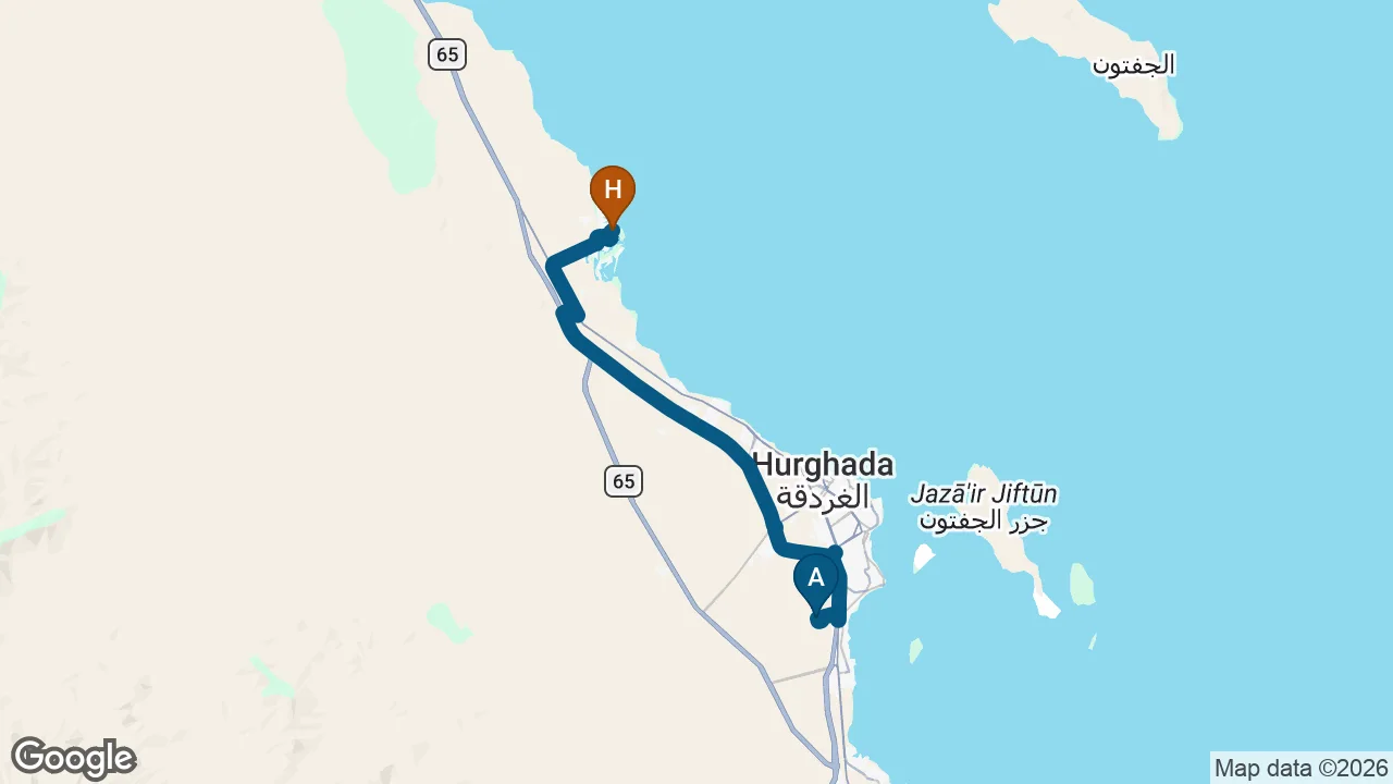 Driving route from Hurghada Airport to Sultan Bey Hotel